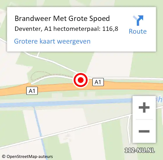 Locatie op kaart van de 112 melding: Brandweer Met Grote Spoed Naar Deventer, A1 hectometerpaal: 116,8 op 23 april 2022 07:13