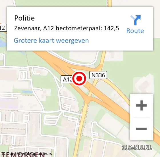 Locatie op kaart van de 112 melding: Politie Zevenaar, A12 hectometerpaal: 142,5 op 23 april 2022 11:08