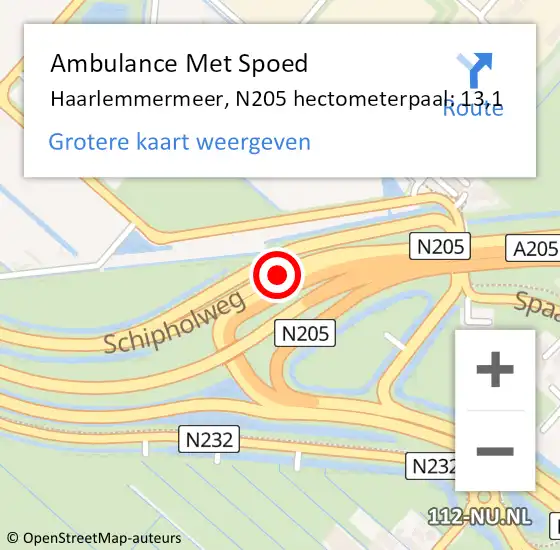 Locatie op kaart van de 112 melding: Ambulance Met Spoed Naar Haarlemmermeer, N205 hectometerpaal: 13,1 op 23 april 2022 12:42