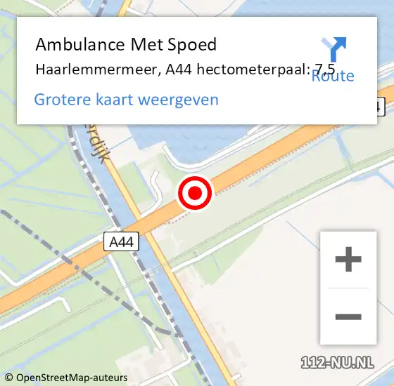 Locatie op kaart van de 112 melding: Ambulance Met Spoed Naar Haarlemmermeer, A44 hectometerpaal: 7,5 op 23 april 2022 13:56