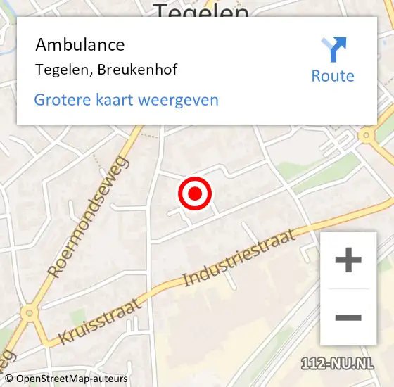 Locatie op kaart van de 112 melding: Ambulance Tegelen, Breukenhof op 15 juli 2014 11:20