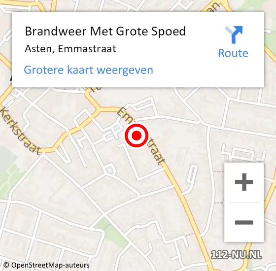 Locatie op kaart van de 112 melding: Brandweer Met Grote Spoed Naar Asten, Emmastraat op 23 april 2022 15:11