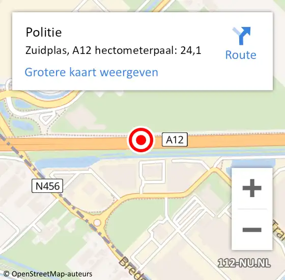 Locatie op kaart van de 112 melding: Politie Zuidplas, A12 hectometerpaal: 24,1 op 23 april 2022 15:22