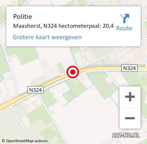 Locatie op kaart van de 112 melding: Politie Maashorst, N324 hectometerpaal: 20,4 op 23 april 2022 16:13