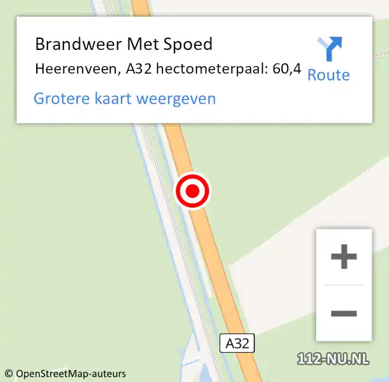 Locatie op kaart van de 112 melding: Brandweer Met Spoed Naar Heerenveen, A32 hectometerpaal: 60,4 op 23 april 2022 16:23