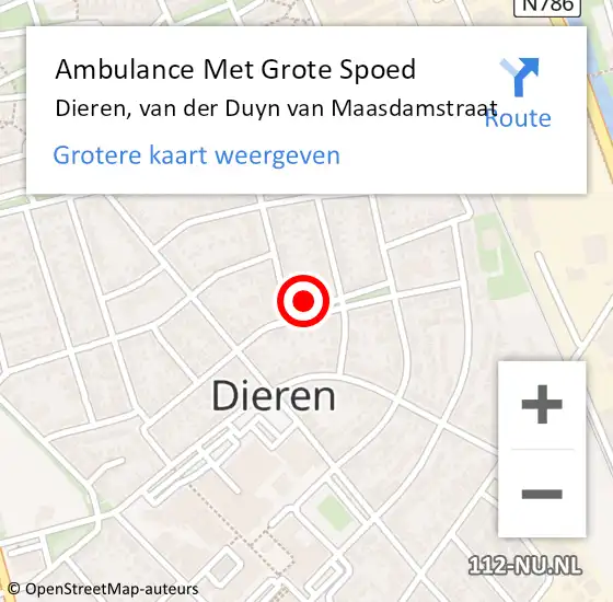 Locatie op kaart van de 112 melding: Ambulance Met Grote Spoed Naar Dieren, van der Duyn van Maasdamstraat op 23 april 2022 16:30