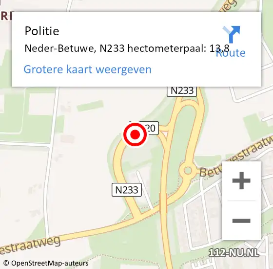 Locatie op kaart van de 112 melding: Politie Neder-Betuwe, N233 hectometerpaal: 13,8 op 23 april 2022 20:42