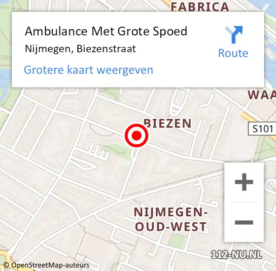 Locatie op kaart van de 112 melding: Ambulance Met Grote Spoed Naar Nijmegen, Biezenstraat op 23 april 2022 21:56