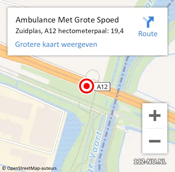 Locatie op kaart van de 112 melding: Ambulance Met Grote Spoed Naar Zuidplas, A12 hectometerpaal: 19,4 op 23 april 2022 22:42