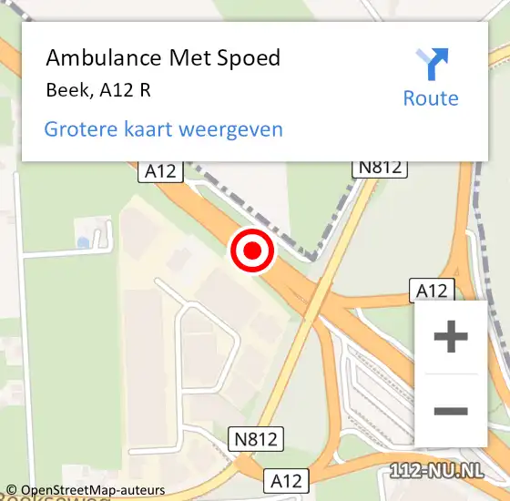 Locatie op kaart van de 112 melding: Ambulance Met Spoed Naar Beek, A12 R op 15 juli 2014 12:04