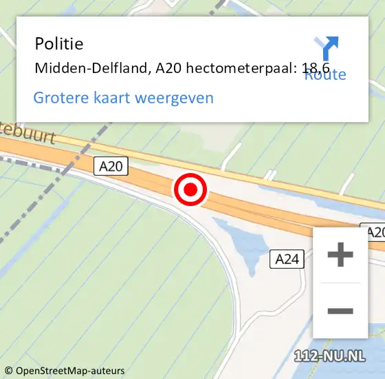 Locatie op kaart van de 112 melding: Politie Midden-Delfland, A20 hectometerpaal: 18,6 op 24 april 2022 02:16