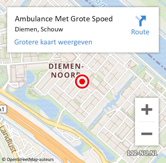 Locatie op kaart van de 112 melding: Ambulance Met Grote Spoed Naar Diemen, Schouw op 24 april 2022 02:49