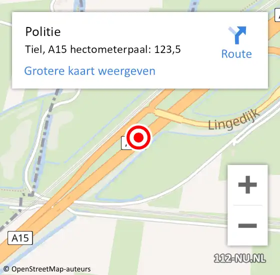 Locatie op kaart van de 112 melding: Politie Tiel, A15 hectometerpaal: 123,5 op 24 april 2022 03:22