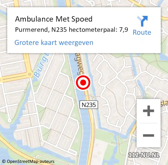 Locatie op kaart van de 112 melding: Ambulance Met Spoed Naar Purmerend, N235 hectometerpaal: 7,9 op 24 april 2022 06:04