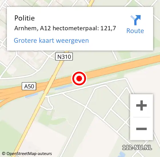 Locatie op kaart van de 112 melding: Politie Arnhem, A12 hectometerpaal: 121,7 op 24 april 2022 12:55