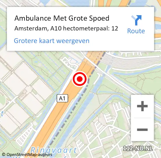 Locatie op kaart van de 112 melding: Ambulance Met Grote Spoed Naar Amsterdam, A10 hectometerpaal: 12 op 24 april 2022 16:18