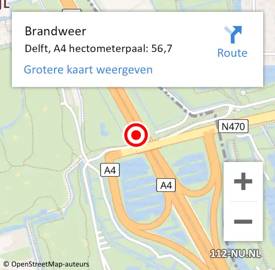 Locatie op kaart van de 112 melding: Brandweer Delft, A4 hectometerpaal: 56,7 op 24 april 2022 16:47