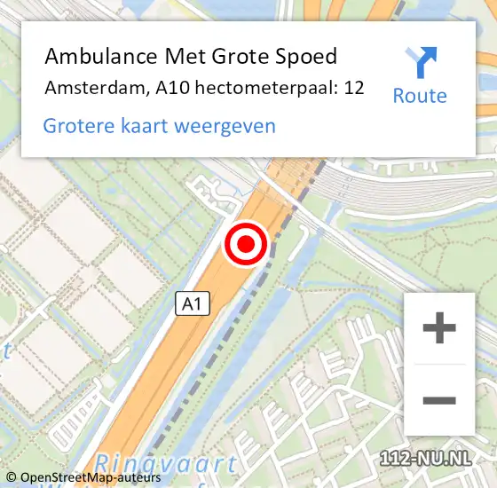 Locatie op kaart van de 112 melding: Ambulance Met Grote Spoed Naar Amsterdam, A10 hectometerpaal: 12 op 24 april 2022 17:06