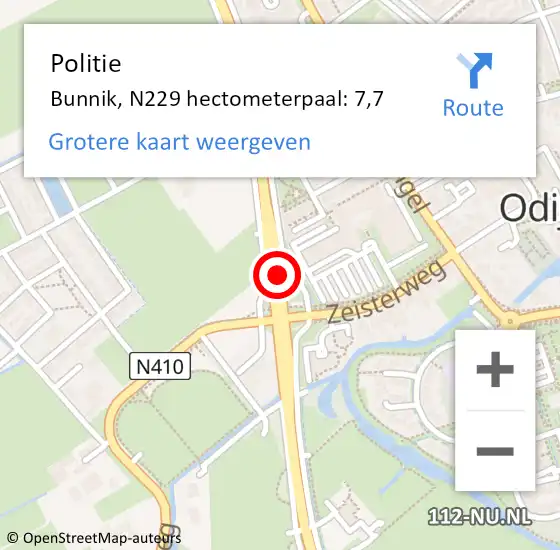 Locatie op kaart van de 112 melding: Politie Bunnik, N229 hectometerpaal: 7,7 op 24 april 2022 18:10