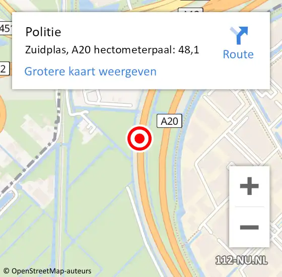 Locatie op kaart van de 112 melding: Politie Zuidplas, A20 hectometerpaal: 48,1 op 24 april 2022 18:22