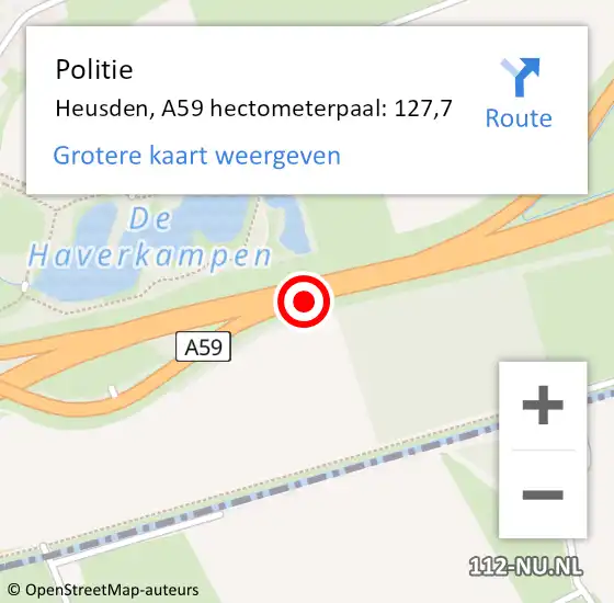 Locatie op kaart van de 112 melding: Politie Heusden, A59 hectometerpaal: 127,7 op 24 april 2022 18:27