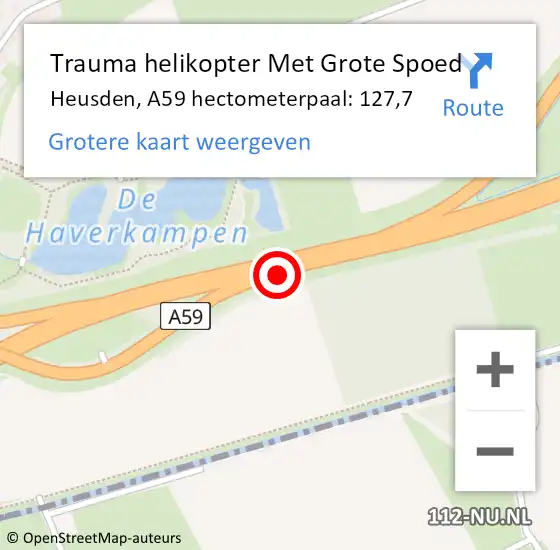 Locatie op kaart van de 112 melding: Trauma helikopter Met Grote Spoed Naar Heusden, A59 hectometerpaal: 127,7 op 24 april 2022 18:29