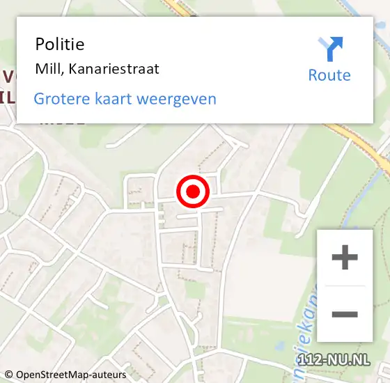 Locatie op kaart van de 112 melding: Politie Mill, Kanariestraat op 24 april 2022 18:59