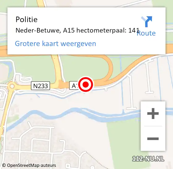 Locatie op kaart van de 112 melding: Politie Neder-Betuwe, A15 hectometerpaal: 141 op 24 april 2022 19:37