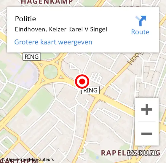 Locatie op kaart van de 112 melding: Politie Eindhoven, Keizer Karel V Singel op 24 april 2022 20:09
