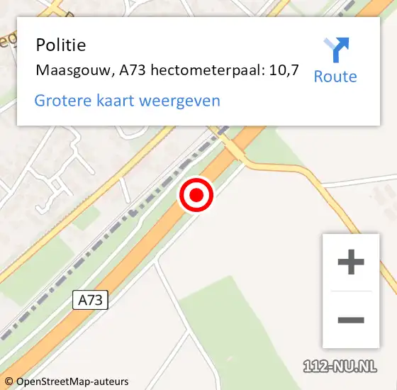 Locatie op kaart van de 112 melding: Politie Maasgouw, A73 hectometerpaal: 10,7 op 24 april 2022 20:46