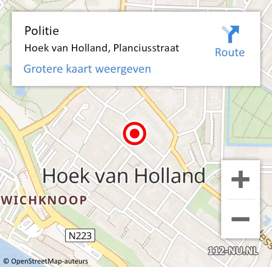 Locatie op kaart van de 112 melding: Politie Hoek van Holland, Planciusstraat op 24 april 2022 22:49