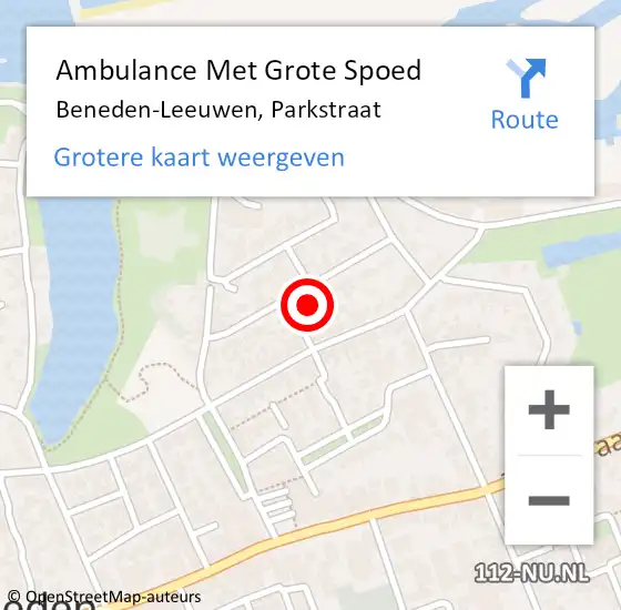 Locatie op kaart van de 112 melding: Ambulance Met Grote Spoed Naar Beneden-Leeuwen, Parkstraat op 24 april 2022 23:22