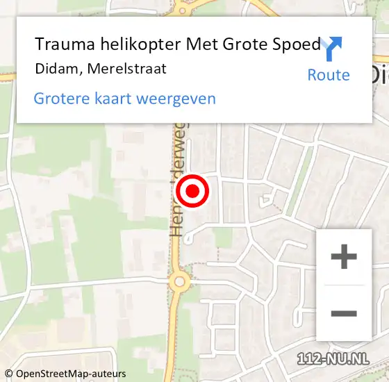 Locatie op kaart van de 112 melding: Trauma helikopter Met Grote Spoed Naar Didam, Merelstraat op 25 april 2022 00:08