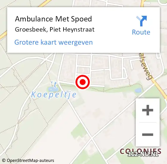 Locatie op kaart van de 112 melding: Ambulance Met Spoed Naar Groesbeek, Piet Heynstraat op 25 april 2022 00:22