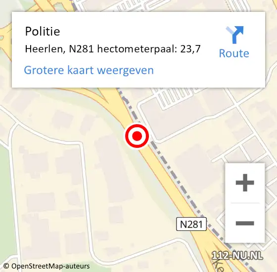 Locatie op kaart van de 112 melding: Politie Heerlen, N281 hectometerpaal: 23,7 op 25 april 2022 02:30