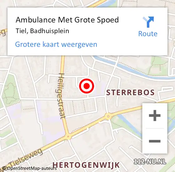 Locatie op kaart van de 112 melding: Ambulance Met Grote Spoed Naar Tiel, Badhuisplein op 25 april 2022 04:14