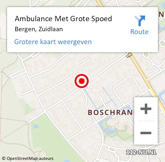 Locatie op kaart van de 112 melding: Ambulance Met Grote Spoed Naar Bergen, Zuidlaan op 25 april 2022 09:56