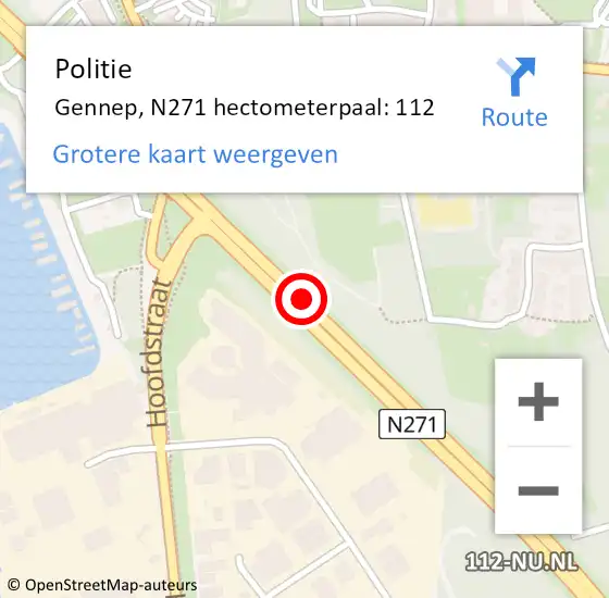 Locatie op kaart van de 112 melding: Politie Gennep, N271 hectometerpaal: 112 op 25 april 2022 12:32