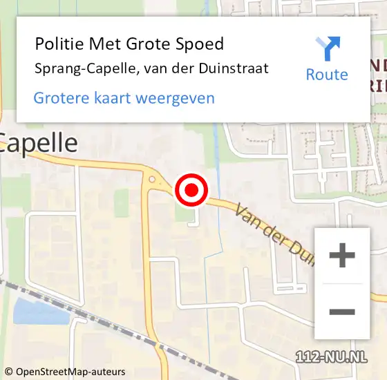 Locatie op kaart van de 112 melding: Politie Met Grote Spoed Naar Sprang-Capelle, van der Duinstraat op 25 april 2022 14:31