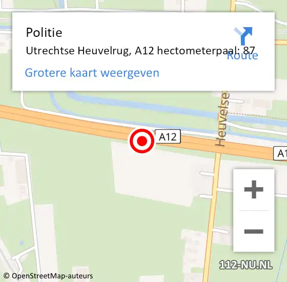 Locatie op kaart van de 112 melding: Politie Utrechtse Heuvelrug, A12 hectometerpaal: 87 op 25 april 2022 14:43