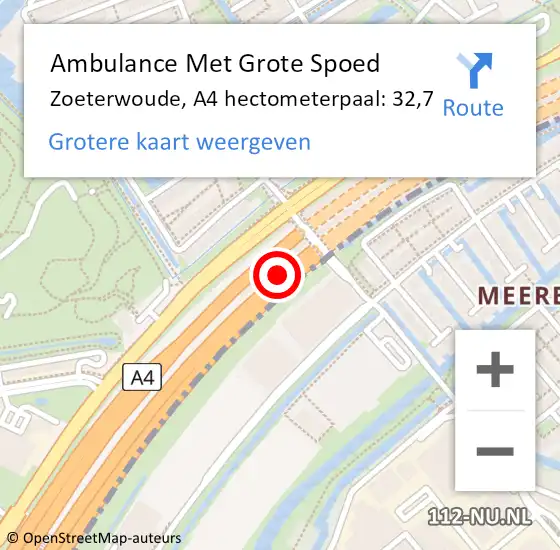 Locatie op kaart van de 112 melding: Ambulance Met Grote Spoed Naar Zoeterwoude, A4 hectometerpaal: 32,7 op 25 april 2022 15:04