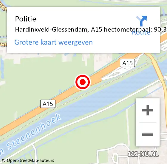 Locatie op kaart van de 112 melding: Politie Hardinxveld-Giessendam, A15 hectometerpaal: 90,3 op 25 april 2022 15:57