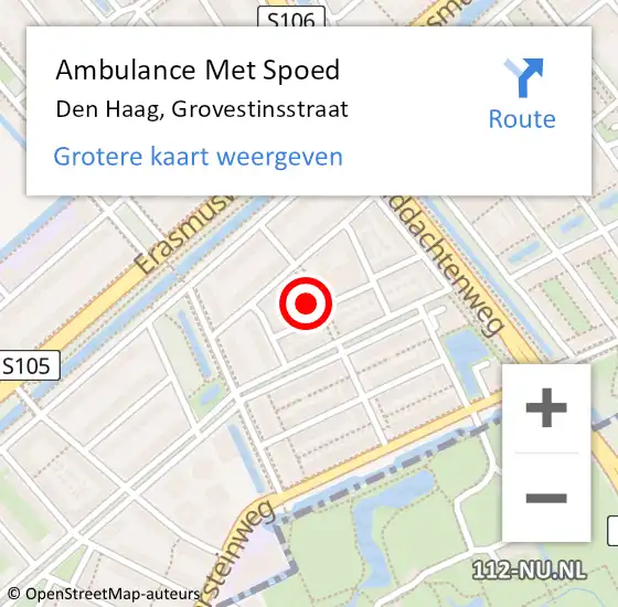 Locatie op kaart van de 112 melding: Ambulance Met Spoed Naar Den Haag, Grovestinsstraat op 25 april 2022 16:27