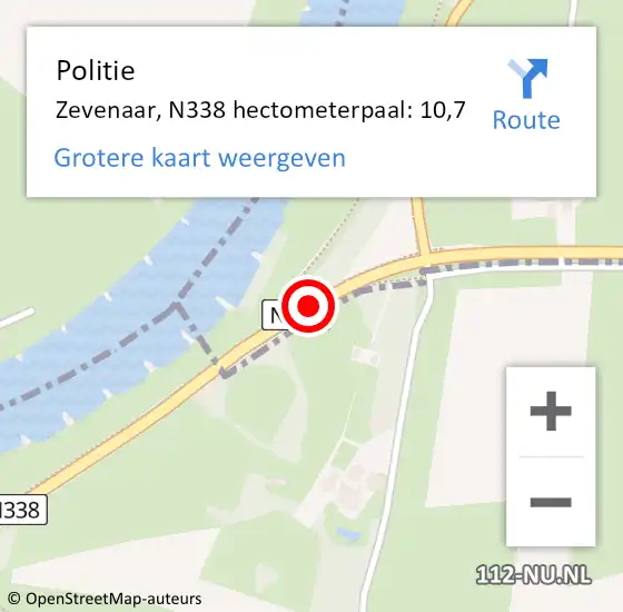 Locatie op kaart van de 112 melding: Politie Zevenaar, N338 hectometerpaal: 10,7 op 25 april 2022 17:44