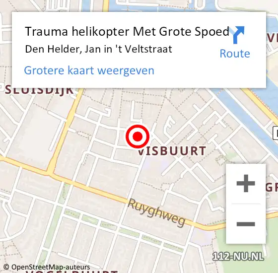 Locatie op kaart van de 112 melding: Trauma helikopter Met Grote Spoed Naar Den Helder, Jan in 't Veltstraat op 25 april 2022 19:07