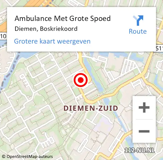 Locatie op kaart van de 112 melding: Ambulance Met Grote Spoed Naar Diemen, Boskriekoord op 25 april 2022 22:10