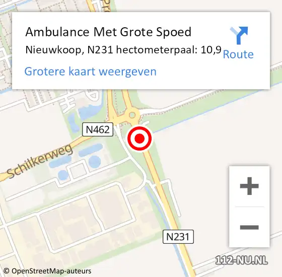 Locatie op kaart van de 112 melding: Ambulance Met Grote Spoed Naar Nieuwkoop, N231 hectometerpaal: 10,9 op 25 april 2022 22:49