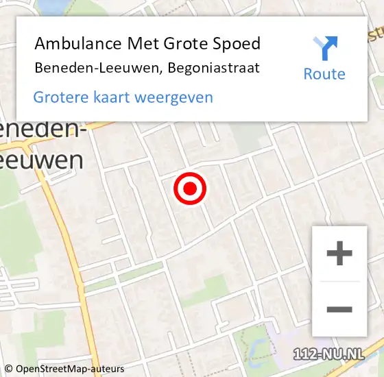 Locatie op kaart van de 112 melding: Ambulance Met Grote Spoed Naar Beneden-Leeuwen, Begoniastraat op 26 april 2022 00:03