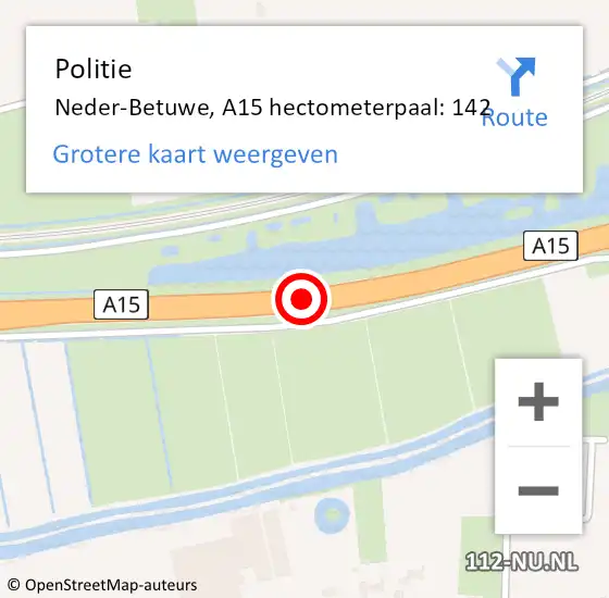 Locatie op kaart van de 112 melding: Politie Neder-Betuwe, A15 hectometerpaal: 142 op 26 april 2022 00:26