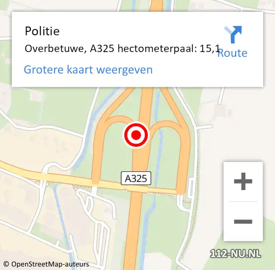 Locatie op kaart van de 112 melding: Politie Overbetuwe, A325 hectometerpaal: 15,1 op 26 april 2022 01:42